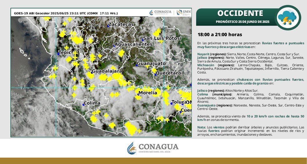 Pronostican lluvias muy fuertes en el occidente de México este 25 de junio