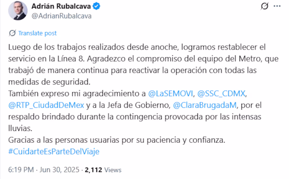 Adrián Rubalcava informó el restablecimiento total de la Línea 8.
