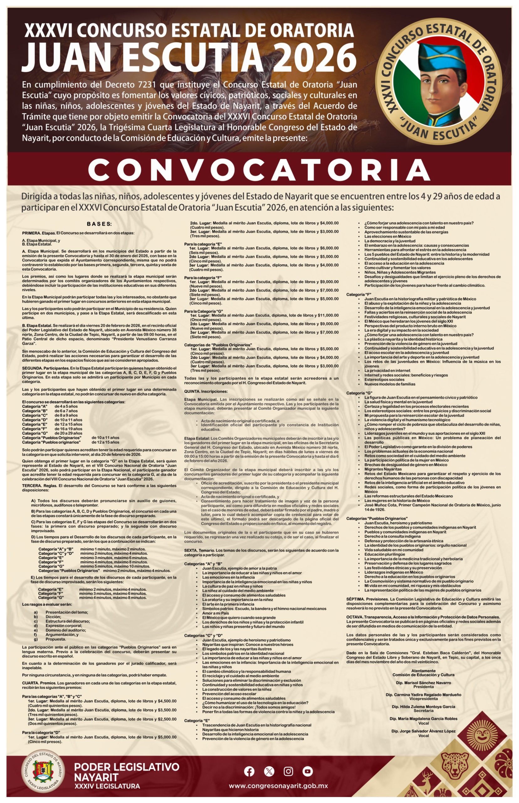 Convocan al XXXVI Concurso Estatal de Oratoria “Juan Escutia” 2026 en Nayarit